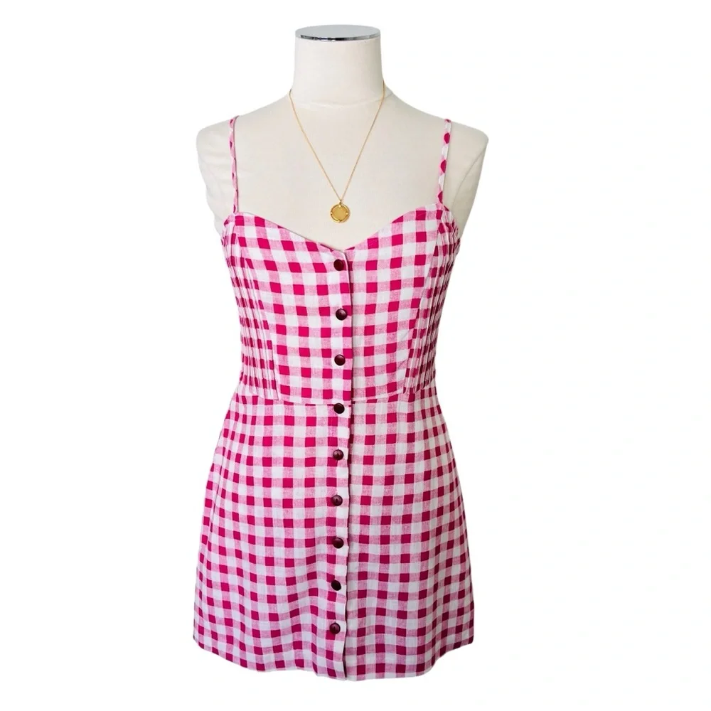 ZARA Pink Gingham Romper/ Mini Dress Sz M Linen Blend Playsuit Sweetheart  White